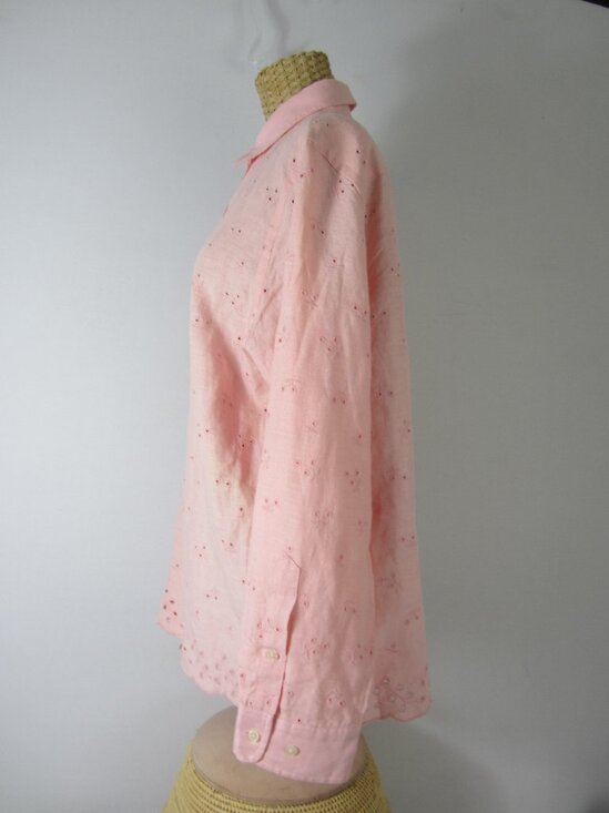Ralph Lauren Womens Large Pink Linen Eyelet Embroidered Shirt Scallop Hem - Picture 8 of 14